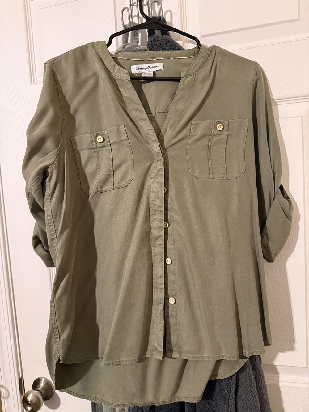 Tommy Bahama Olive Green V-Neck Button Front Shirt